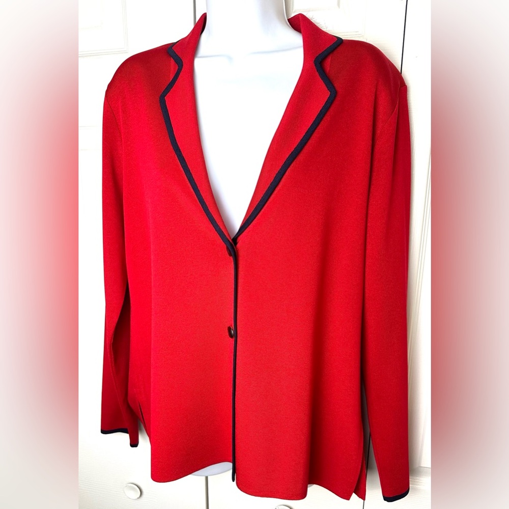 EXCLUSIVELY MISOOK Red Blazer Jacket Coat Navy Blue Stripe Trim Cardigan Knit